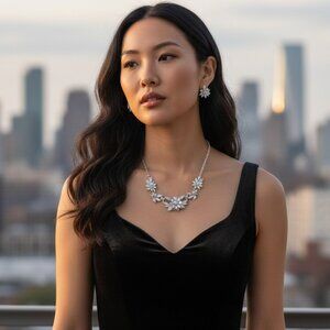 Vintage Silver Floral Necklace and Earrings, flower statement set, adjustable